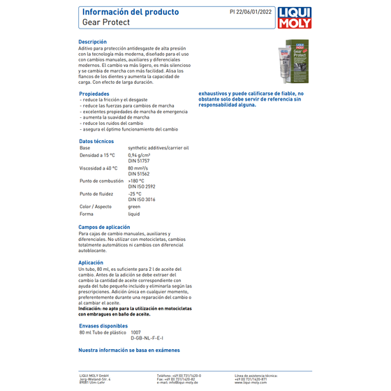 Liqui Moly Gear Protect 80ML Tratamiento aditivo para transmisión de caja de cambios 1007