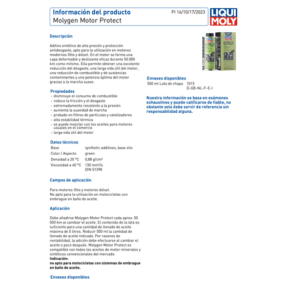 Liqui Moly Molygen Motor Protect Aditivo de aceite de motor antifricción y desgaste 1015