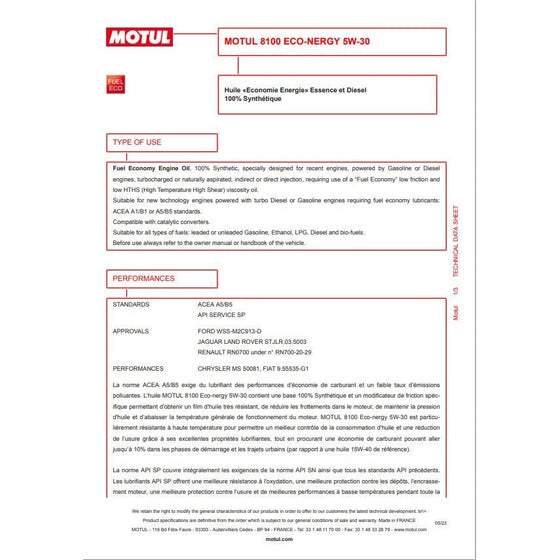 Aceite de motor Motul 8100 Eco-Nergy 5W30 A5/B5 totalmente sintético Ford Renault 102898