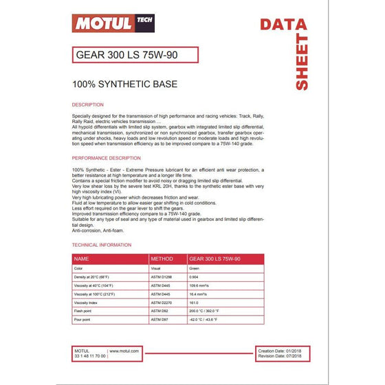MOTUL GEAR 300 LS 75W-90 75W90 RACING LIMITED SLIP DIFFERENTIAL OIL 105778