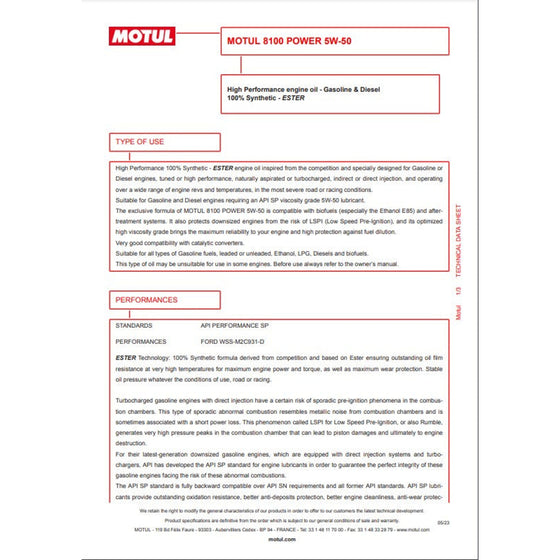 ACEITE DE MOTOR TOTALMENTE SINTÉTICO MOTUL 5W50 ESTER 8100 POWER ALTO RENDIMIENTO 111812