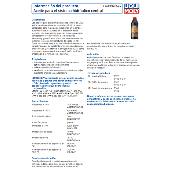Liqui Moly Aceite para el sistema hidráulico central CHF Power steering PSF BMW VW MB 1127