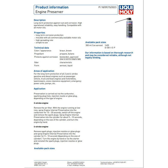 LIQUI MOLY Engine Preserver Against Rust & Corrosion 300ml 1420