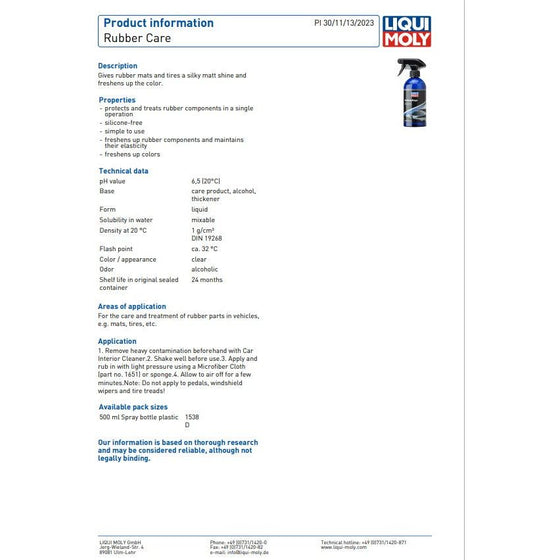 Liqui Moly Rubber Care Maintains Cleans and Embellished 500ml 1538