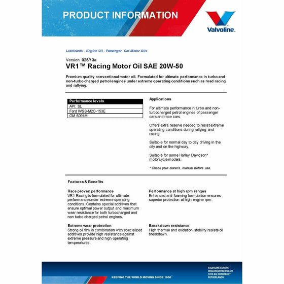 20W50 Valvoline VR1 Racing Highly Refined Mineral Engine Oil 4Stroke Ford GM 873432 - World of Lubricant