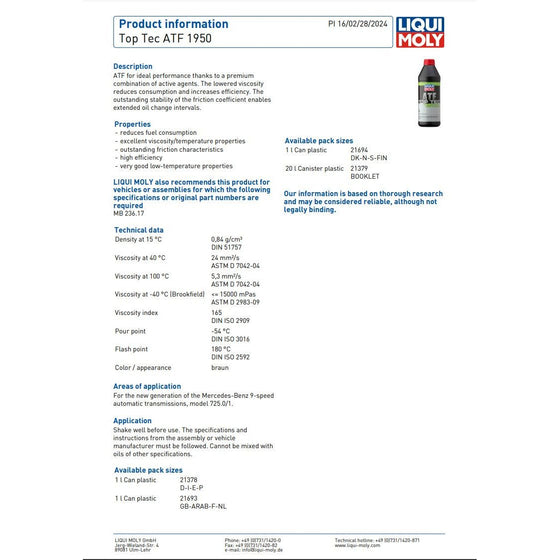 Liqui Moly TopTec ATF 1950 Automatic Transmission Fluid 1 Litre 21378