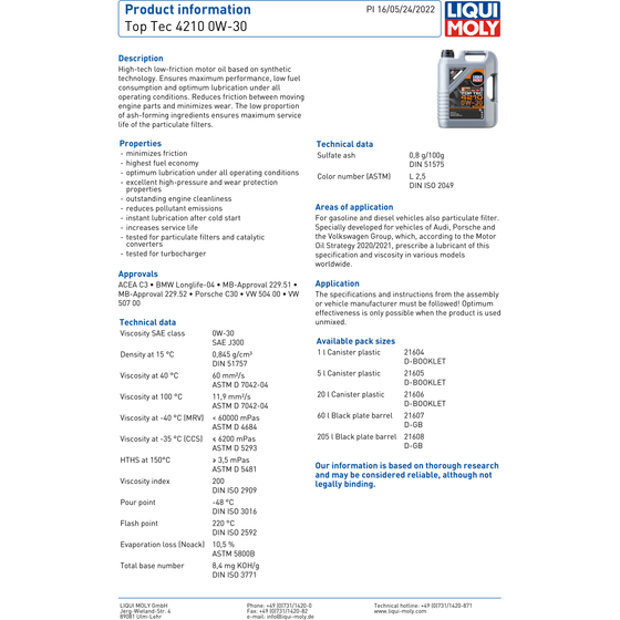 Liqui Moly Top Tec 4210 0W30 Engine Oil ACEA C3 VW 504 00 507 00 C30 21605
