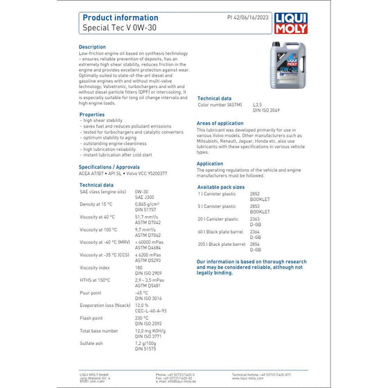 Liqui Moly Special Tec V SAE 0W30 Volvo Engine Oil ACEA A7/B7 2853