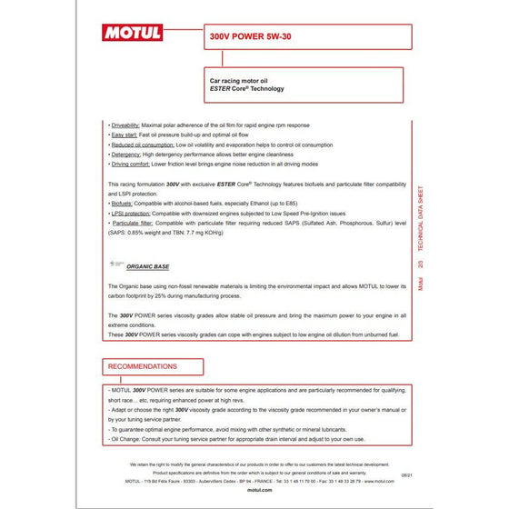 MOTUL 300V 5w30 Engine Oil POWER ESTER Core Performance Fully Synthetic 110814