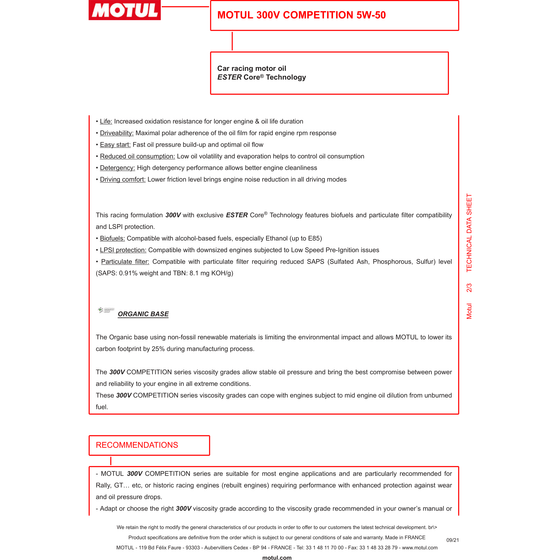 Motul 300V COMPETITION 5W50 MOTOR OIL Fully Synthetic Engine Oil 110859