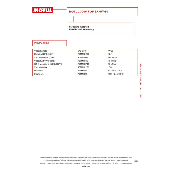 Motul 300V 0W-20 POWER Car Racing Motor Oil Fully Synthetic Engine Oil 110813
