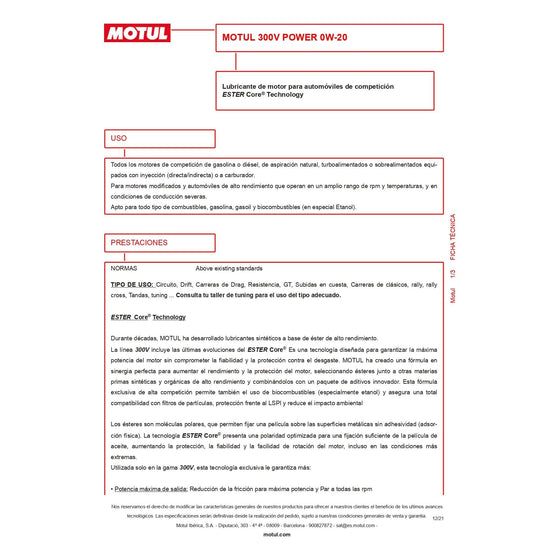 Motul 300V 0W-20 POWER Car Racing Motor Oil Fully Synthetic Engine Oil 110813