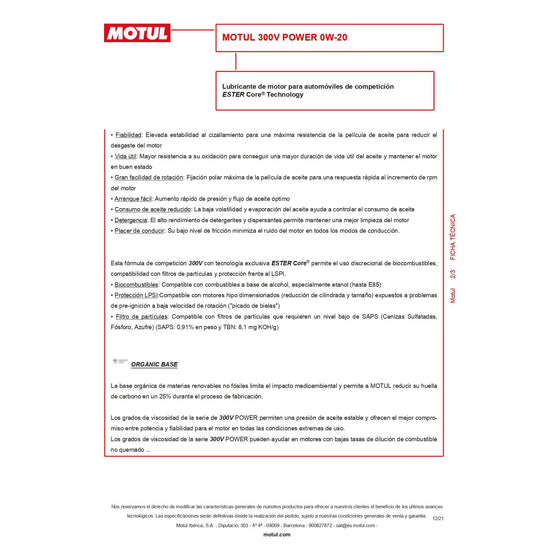 Motul 300V 0W-20 POWER Car Racing Motor Oil Fully Synthetic Engine Oil 110813
