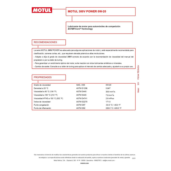 Motul 300V 0W-20 POWER Car Racing Motor Oil Fully Synthetic Engine Oil 110813