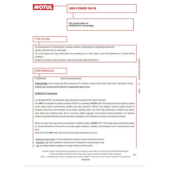 MOTUL 300V 5w30 Engine Oil POWER ESTER Core Performance Fully Synthetic 110814
