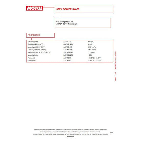 MOTUL 300V 5w30 Engine Oil POWER ESTER Core Performance Fully Synthetic 110814