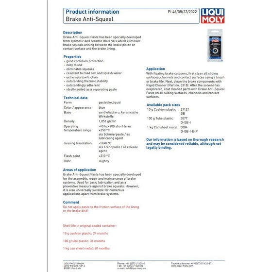 Liqui Moly Brake Anti-Squeal Paste corrosion protection 100g 3077