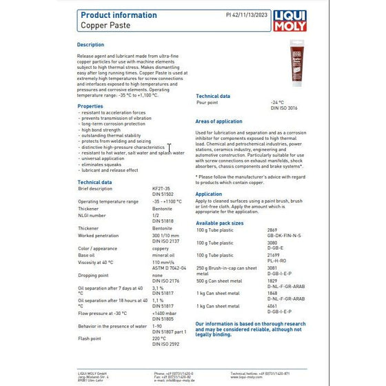 Liqui Moly Copper Grease 100g High Bond Strength 3080