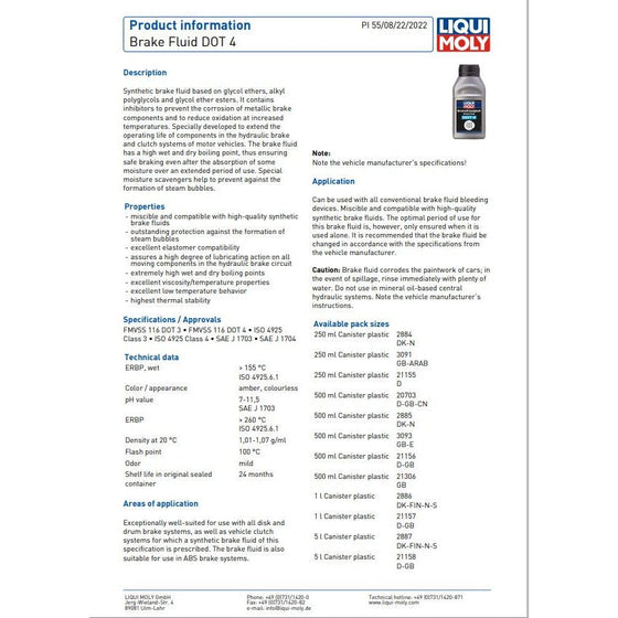 Liqui Moly Car Bike & Clutch Synthetic Brake Fluid DOT4 Bottle 500ml 3093