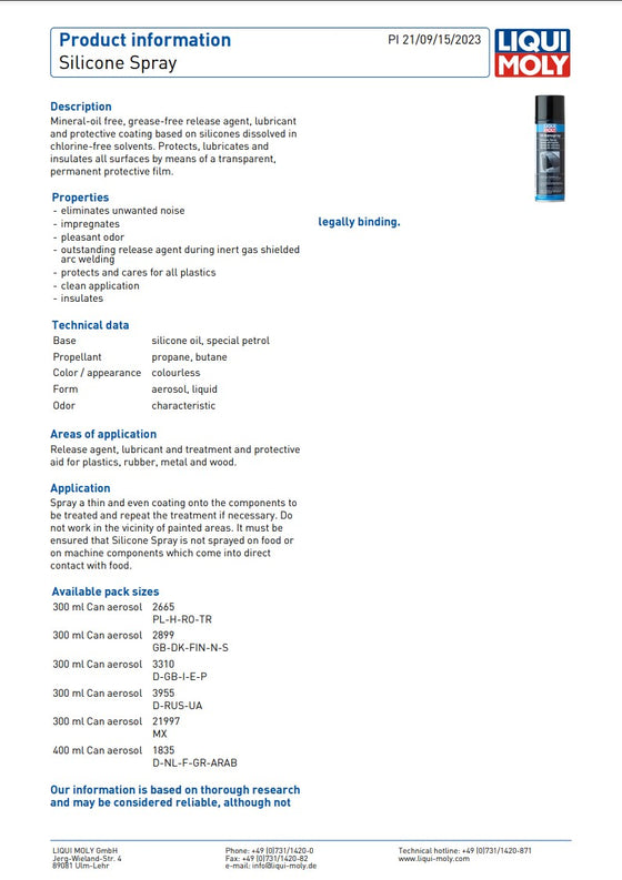 Liqui Moly Silicone Spray 300ml Protects Lubricates Aerosol 3310