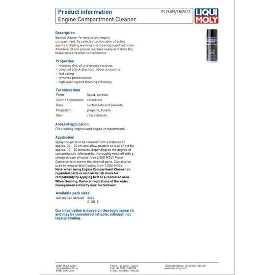 Liqui Moly Engine Compartment Cleaner Shiny Clean Dirt and Oil Free 400ml 3326