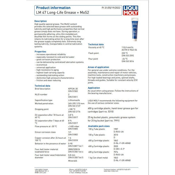 Liqui Moly LM47 High-Quality Long-life Grease + MoS2 400g 3520