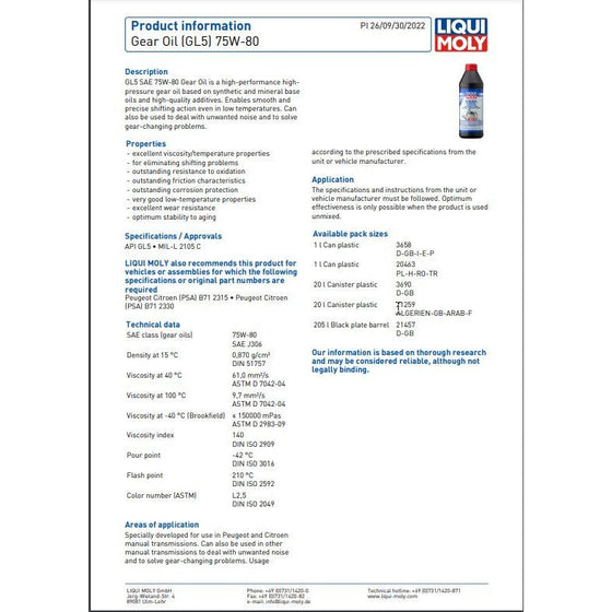 LIQUI MOLY HYPOID GEAR OIL SAE 75W80(GL5) 1L PEUGEOT/CITROEN