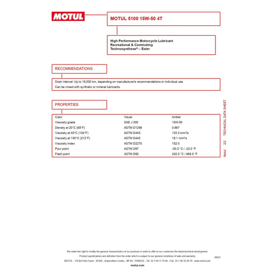 Motul 5100 4T 15W50 Synthetic Blend Oil JASO MA2 API SP Motorcycle Oil 104083