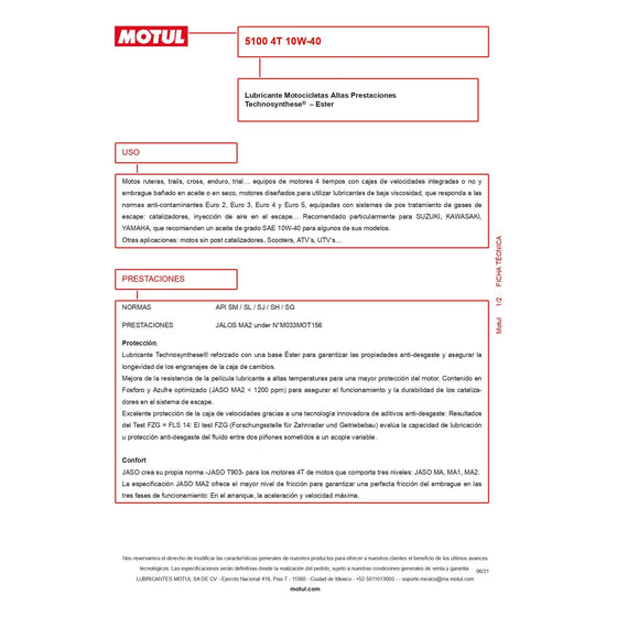 Motul 5100 4T 10W40 Motorcycle Oil 1L API SP JASO MA2 104068