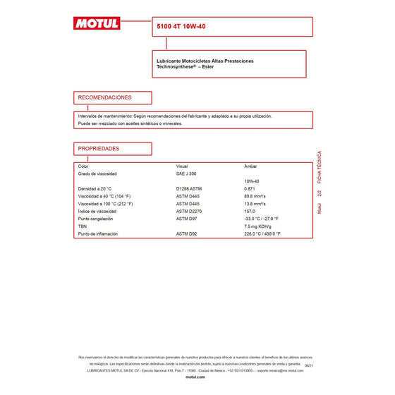 Motul 5100 4T 10W40 Motorcycle Oil 1L API SP JASO MA2 104068