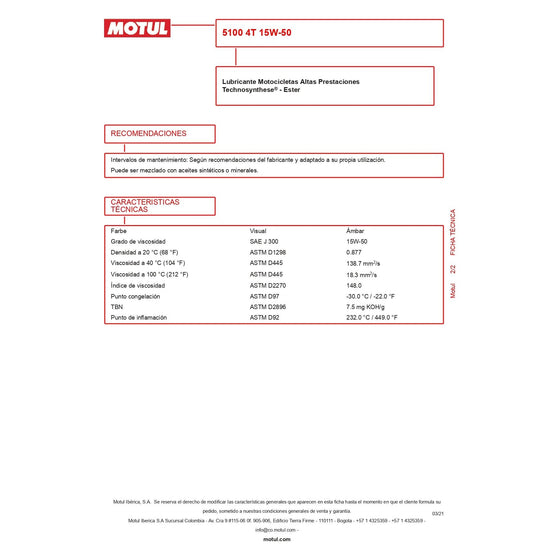 Motul 5100 4T 15W50 Synthetic Blend Oil JASO MA2 API SP Motorcycle Oil 104083