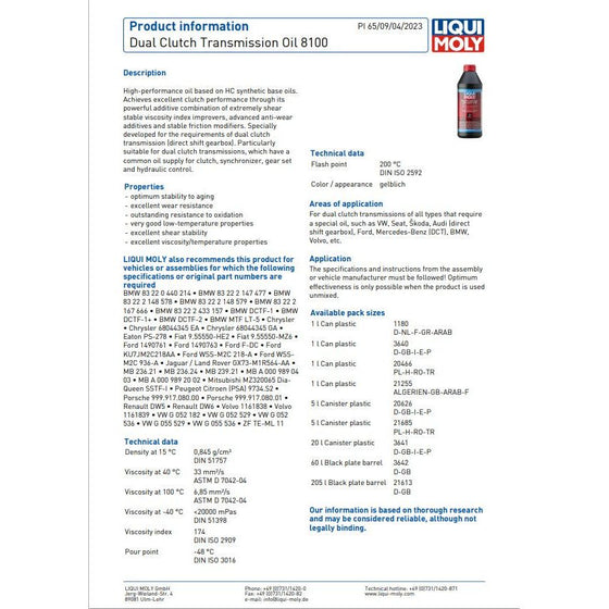 Liqui Moly DCT DSG DUAL CLUTCH TRANSMISSION OIL VW AUDI 8100 3640