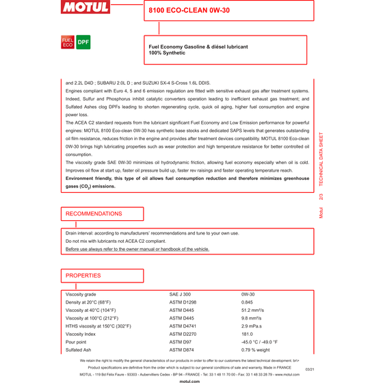 Motul 8100 Eco-Clean 0w-30 0w30 Fully Synthetic Car Engine Oil 102889