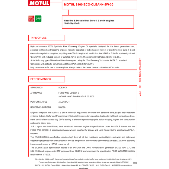 Motul 8100 Eco-Clean+ 5w-30 5w30 Fully Synthetic Car Engine Oil 1L 101584