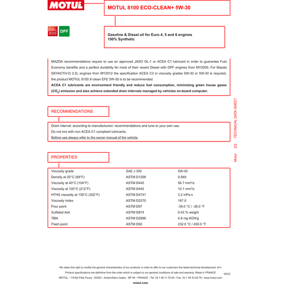 Motul 8100 Eco-Clean+ 5w-30 5w30 Fully Synthetic Car Engine Oil 1L 101584