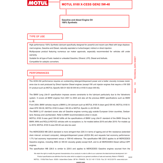 MOTUL 8100 X-CESS GEN2 5W40 A3 / B4 Fully Synthetic Engine Oil 109776