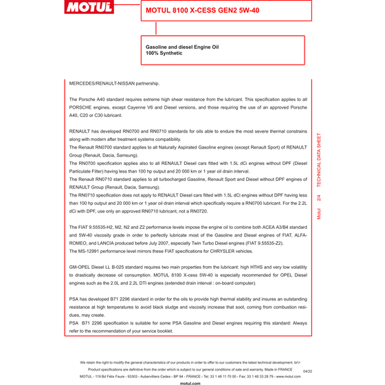 MOTUL 8100 X-CESS GEN2 5W40 A3 / B4 Fully Synthetic Engine Oil 109776