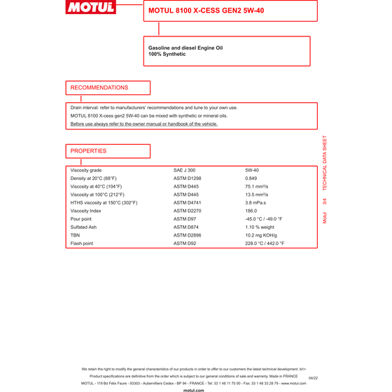 MOTUL 8100 X-CESS GEN2 5W40 A3 / B4 Fully Synthetic Engine Oil 109776