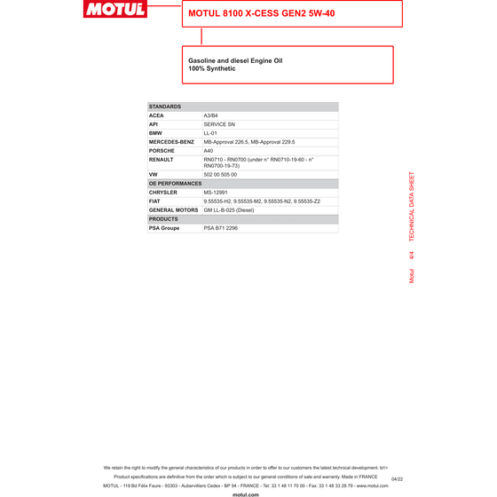 MOTUL 8100 X-CESS GEN2 5W40 A3 / B4 Fully Synthetic Engine Oil 109776