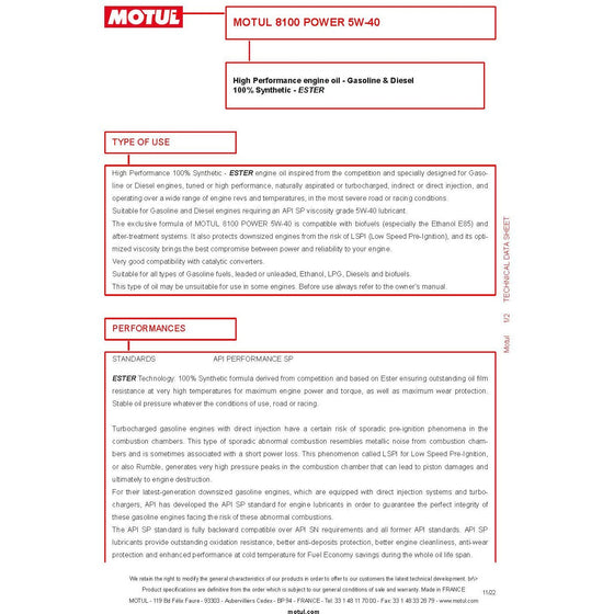 Motul 5W40 ESTER 8100 Power High Performacne Fully Synthetic Engine Oil 111809