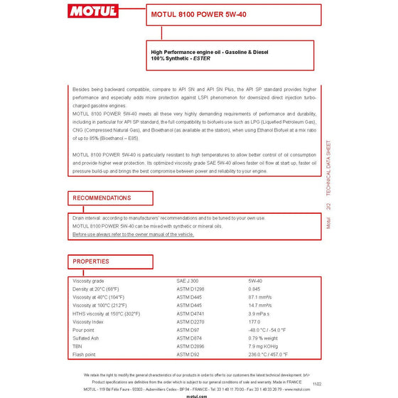 Motul 5W40 ESTER 8100 Power High Performacne Fully Synthetic Engine Oil 111809