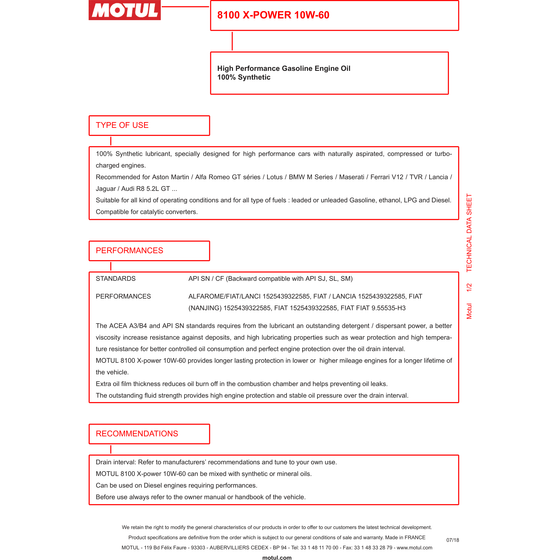 Aceite de motor totalmente sintético Motul 8100 X-Power 10w-60 10w60 106144