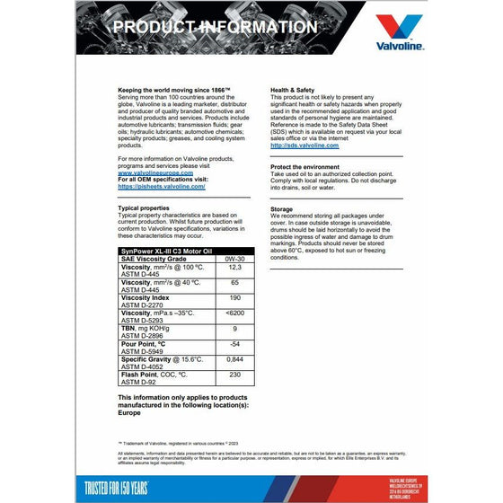 Valvoline 5W30 SYNPOWER XL-III C3 SYNTHETIC ENGINE OIL BMW VW MB PORSCHE Approved 872375