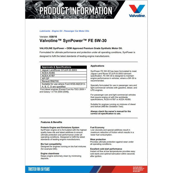 Valvoline 5W30 SYNPOWER FE A7/B7 A5/B5 SYNTHETIC ENGINE OIL FE Ford Jaguar Land Rover Approved 872552