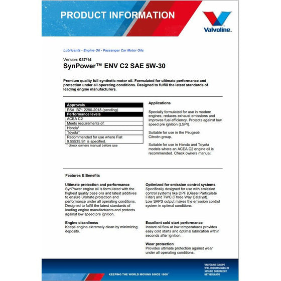 Valvoline SynPower ENV 5W30 C2 Synthetic Engine Oil CITROEN HONDA TOYOTA PEUGEOT Approved 874309