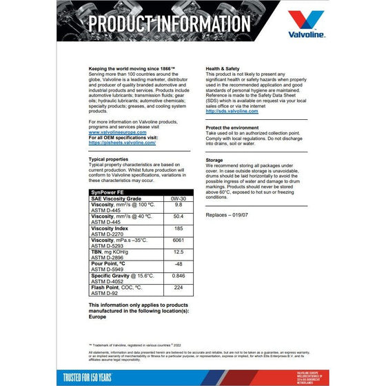 Valvoline 0W30 Synpower FE SAE Synthetic Engine Oil Volvo Approved ACEA A5 B5 A7 B7 874310