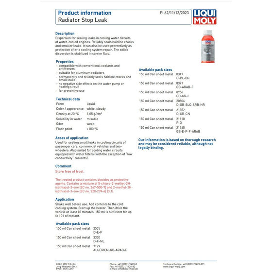 Liqui Moly Radiador Stop Leak 150ml Reparación de fugas pequeñas 8956