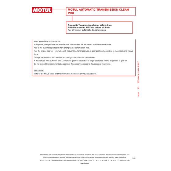 Aditivo de aceite de transmisión Motul 300ML Transmisión automática Clean 108127
