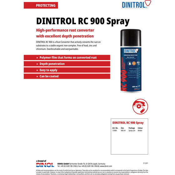 2 x DINITROL RC900 IMPRIMADOR CONVERTIDOR DE ÓXIDO BOTE 400ml + BOQUILLA DE EXTENSIÓN + CANGUN 1100801 DIN30