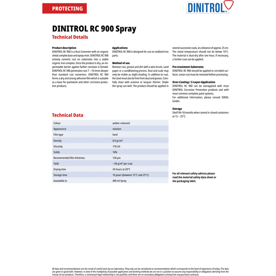 2 x DINITROL RC900 IMPRIMADOR CONVERTIDOR DE ÓXIDO BOTE 400ml + BOQUILLA DE EXTENSIÓN + CANGUN 1100801 DIN30